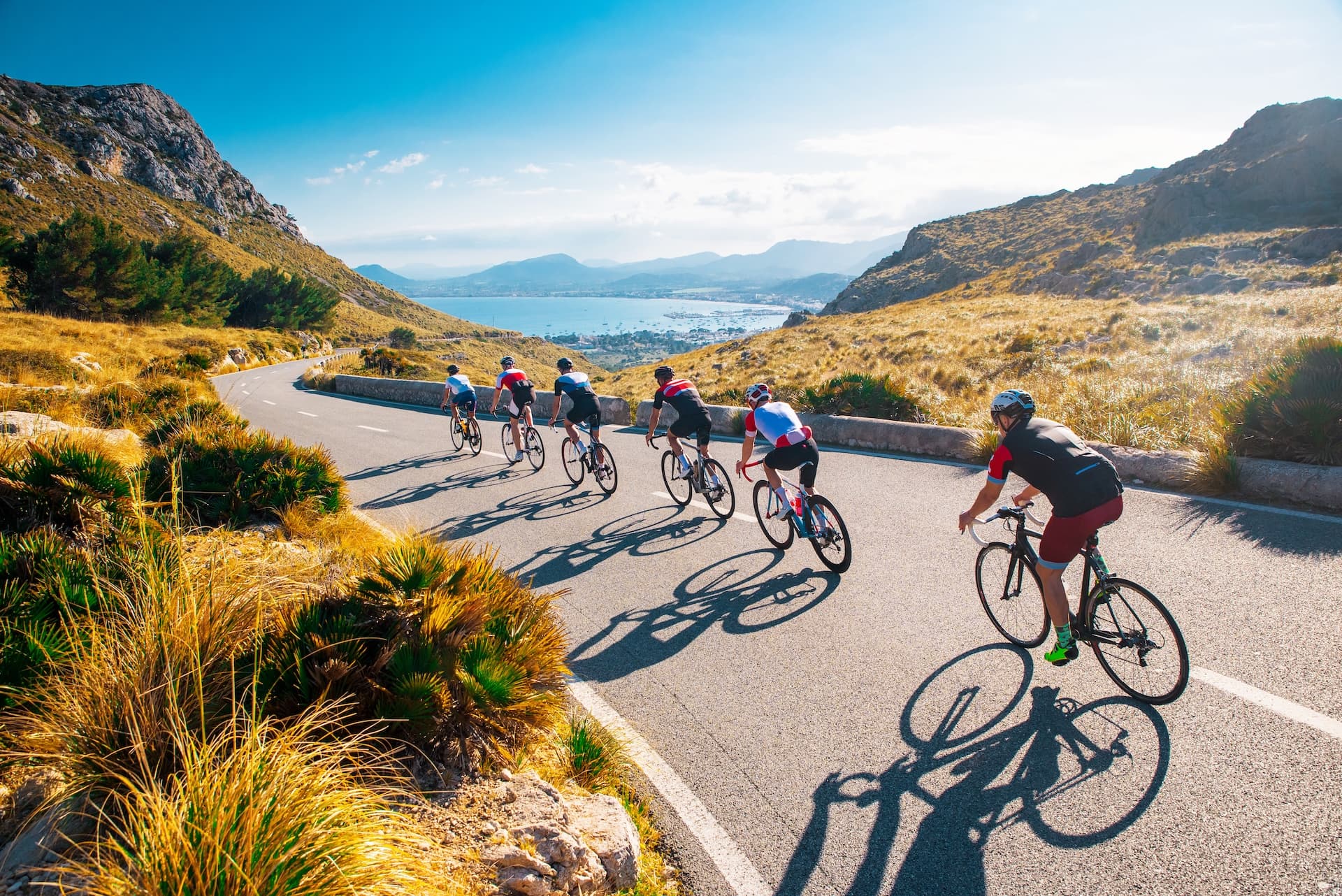 Cyclists riding on a mountain road overlooking a sunny coastal bay and town.