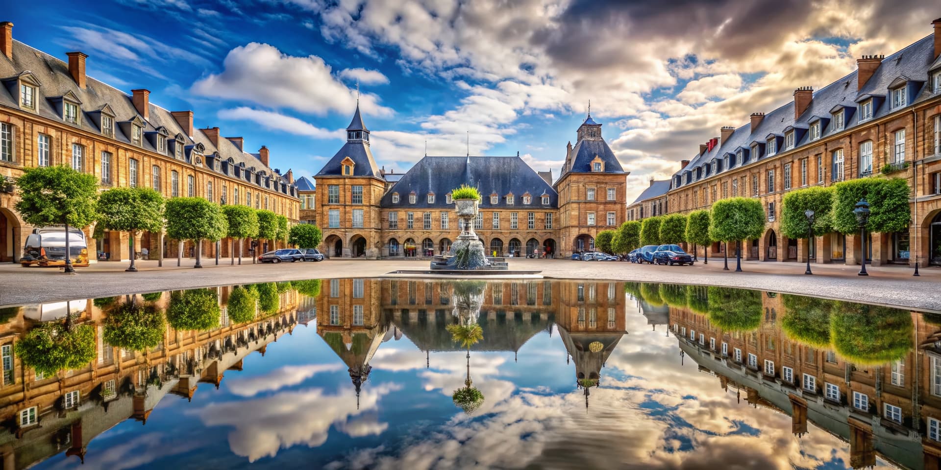 Historic square with central fountain reflecting classical buildings and dramatic sky, Charleville.
