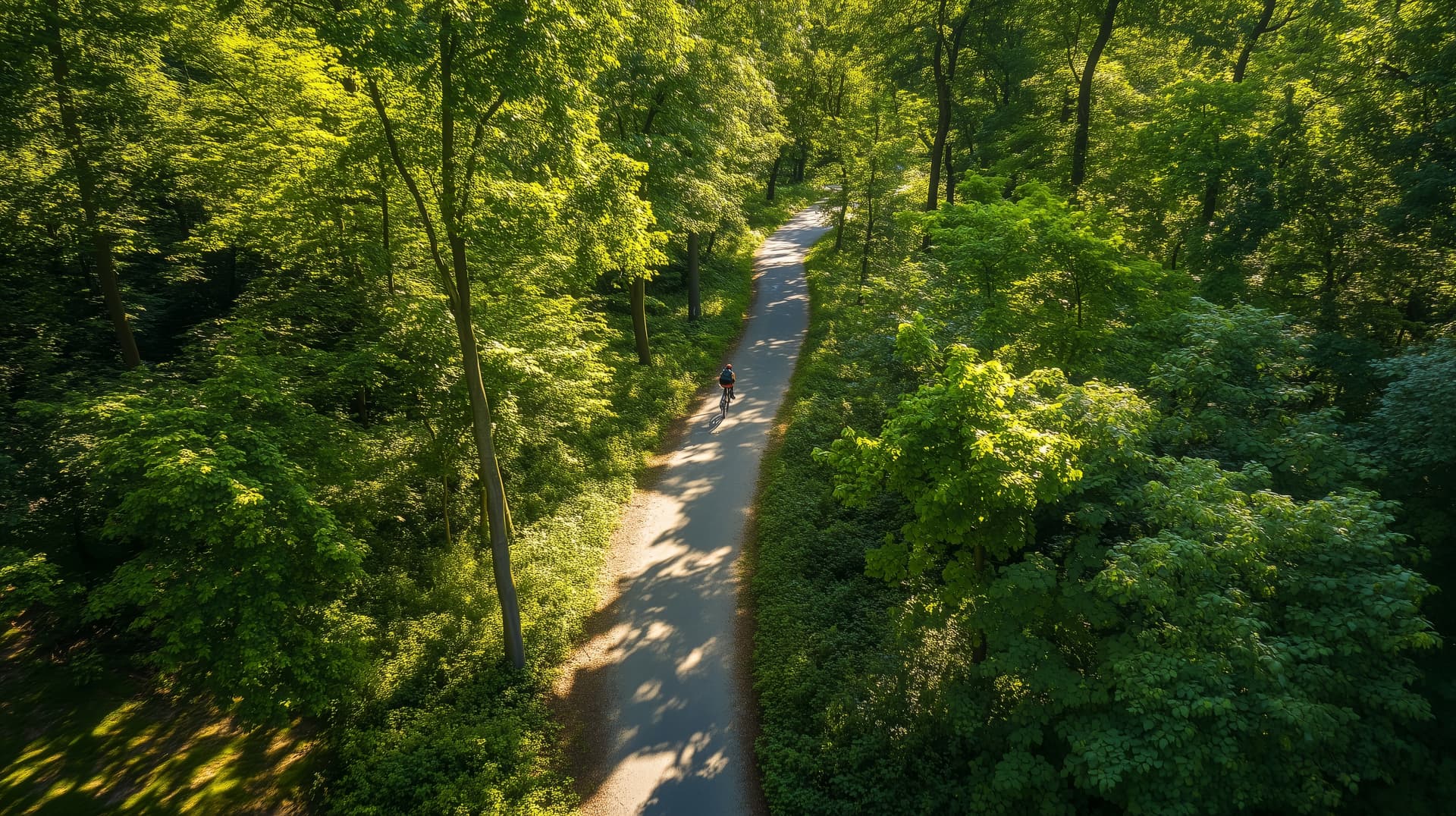 Cyclist riding on paved path through dense green forest on sunny day