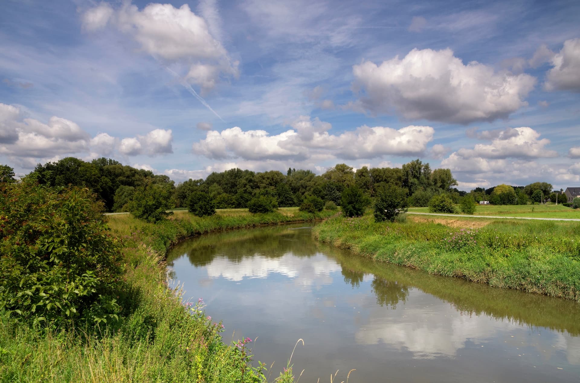 River winding through lush green banks under a bright blue sky with white clouds