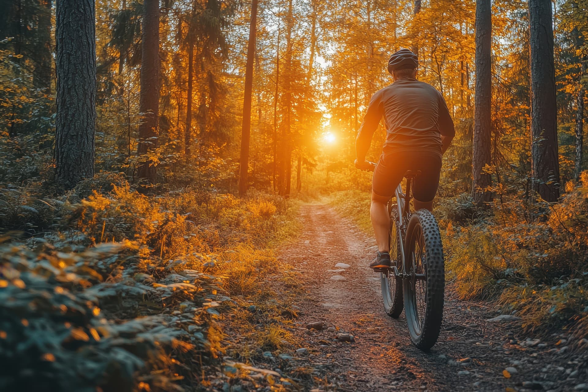 Mountain biker cycling on dirt path through sunlit autumn forest.