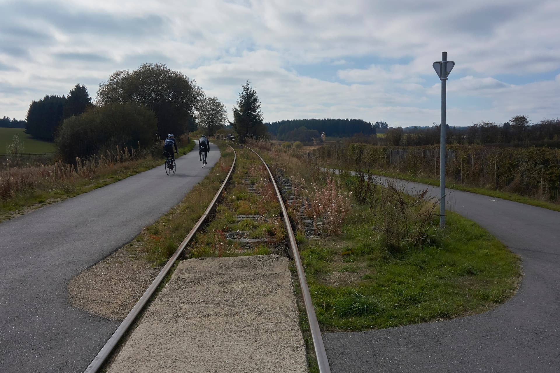 Cyclists riding past old railway tracks on a paved path in the countryside near Monschau.