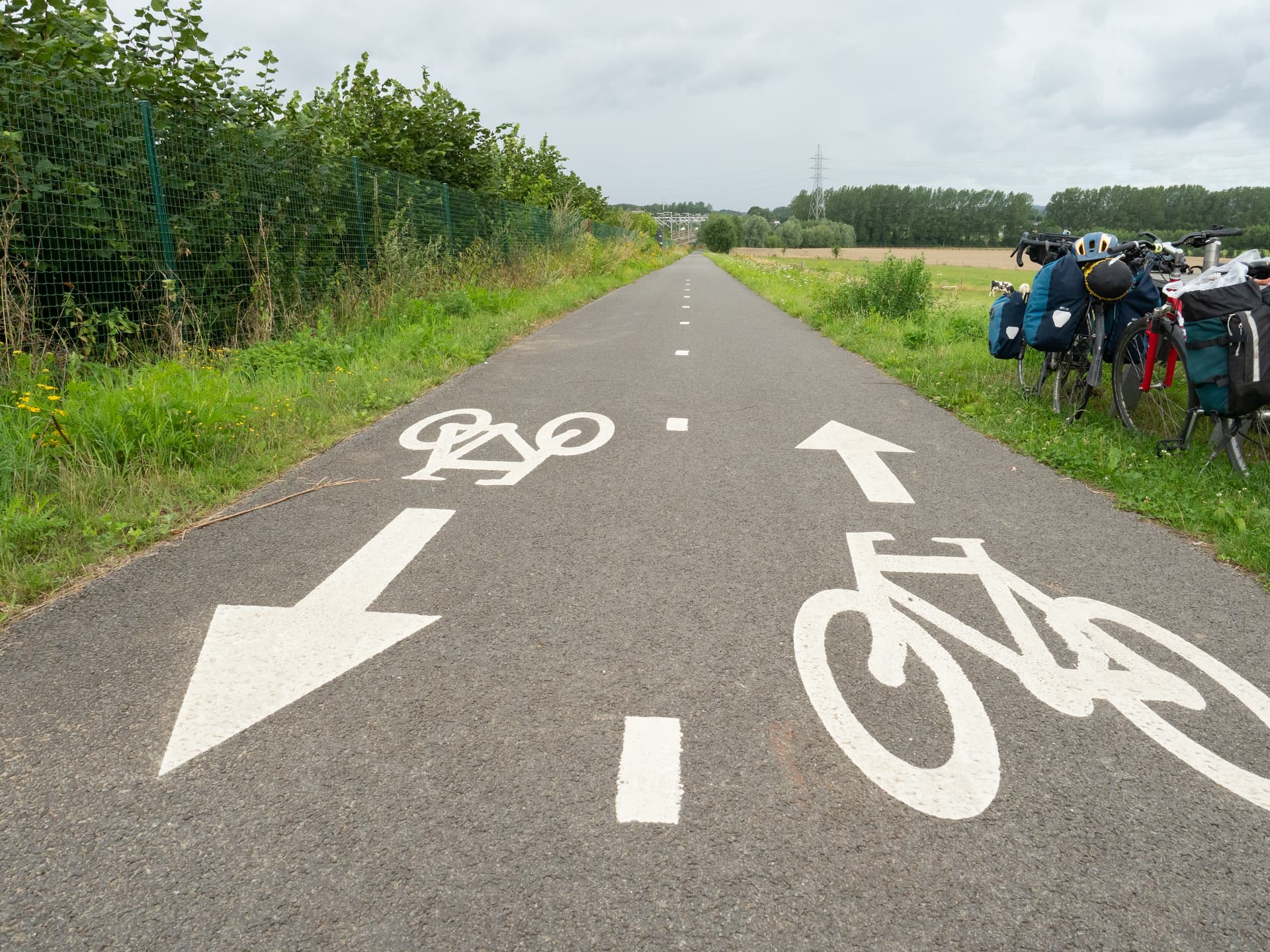 Bicycle path markings with touring bikes parked beside grassy field under cloudy sky