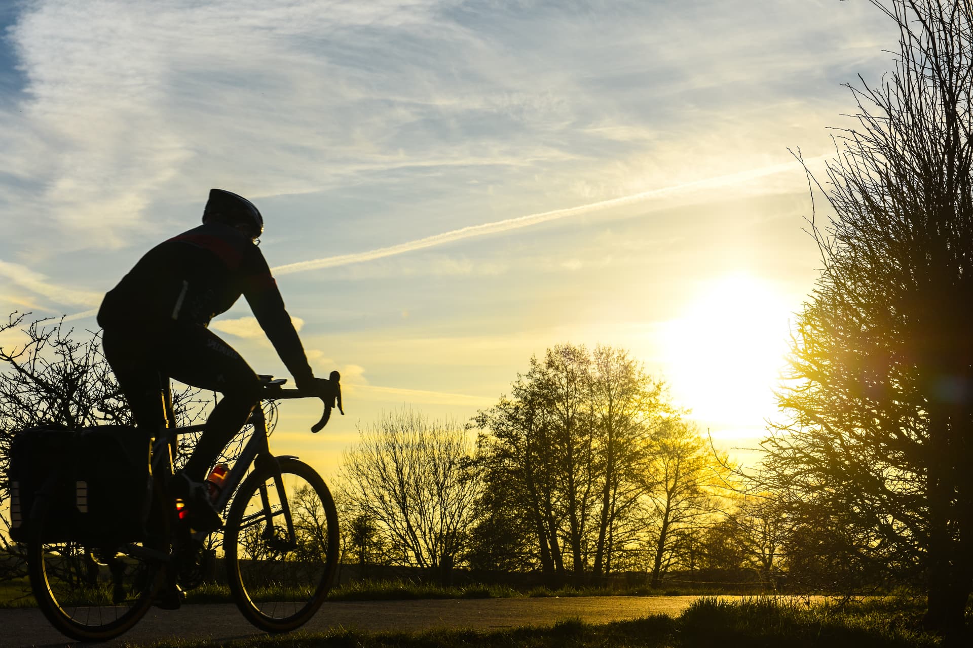 Silhouette of cyclist with panniers riding on path against bright sunset and bare trees.